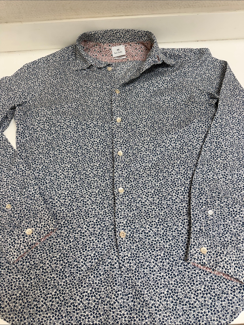 Paul Smith Navy and White Micro Floral Button-Down Shirt with Pink Trim